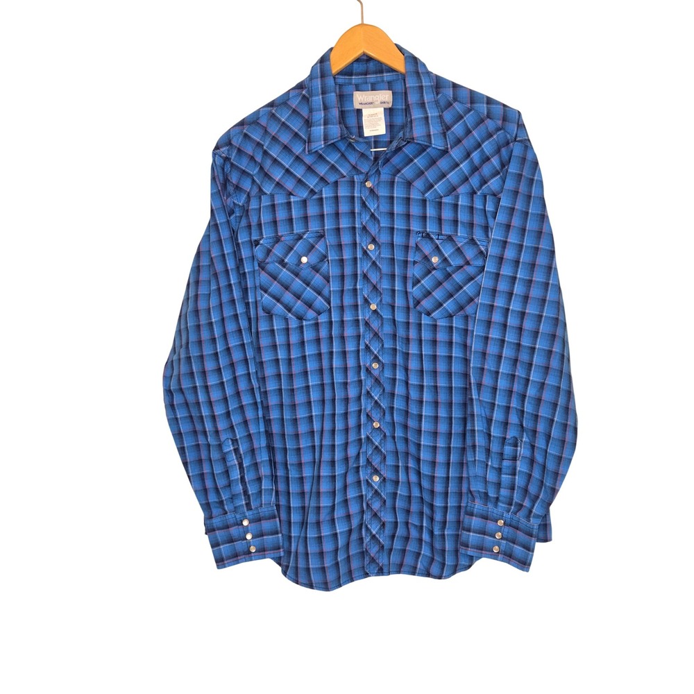 Wrangler Wrancher Mens XL Blue Plaid Western Pearl Snap Long Sleeve Shirt